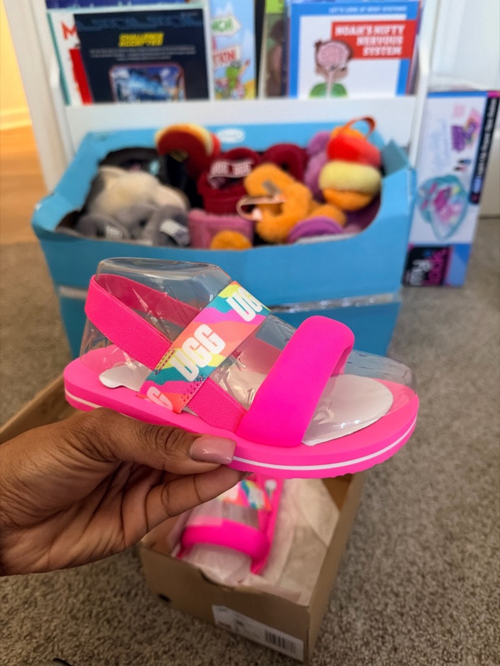 UGG Bright Pink Rainbow Logo Strap Kids Sandals